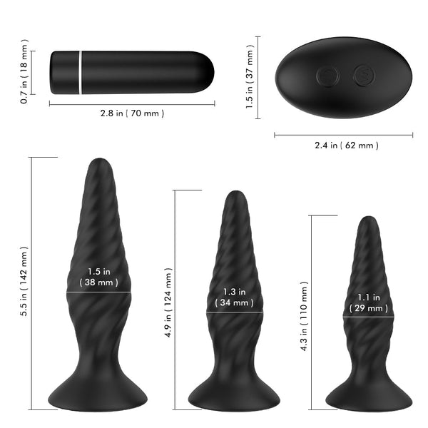 3 Sizes Spiral Anal Plug Kit With Sucker & Detachable 9 Modes Bullet